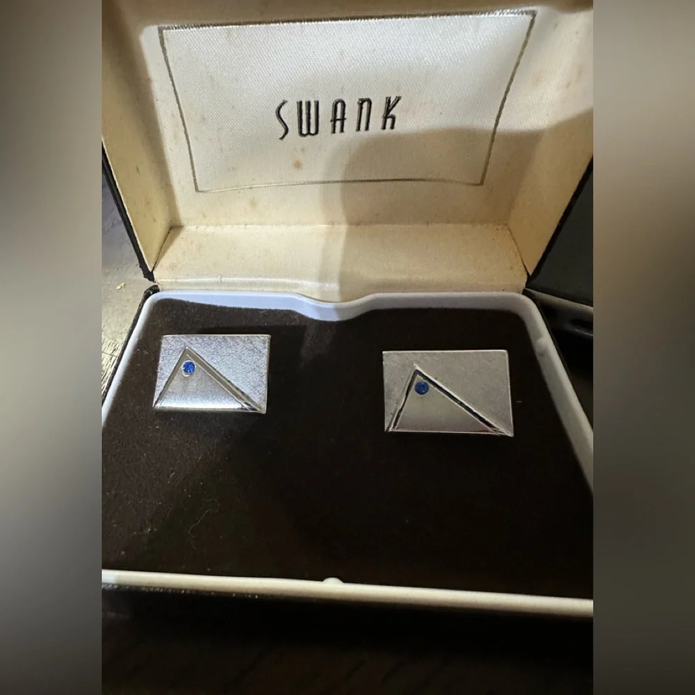 Vintage Vintage Swank Silver Tone Cuff Links Set w/ Blue Stones and Case
